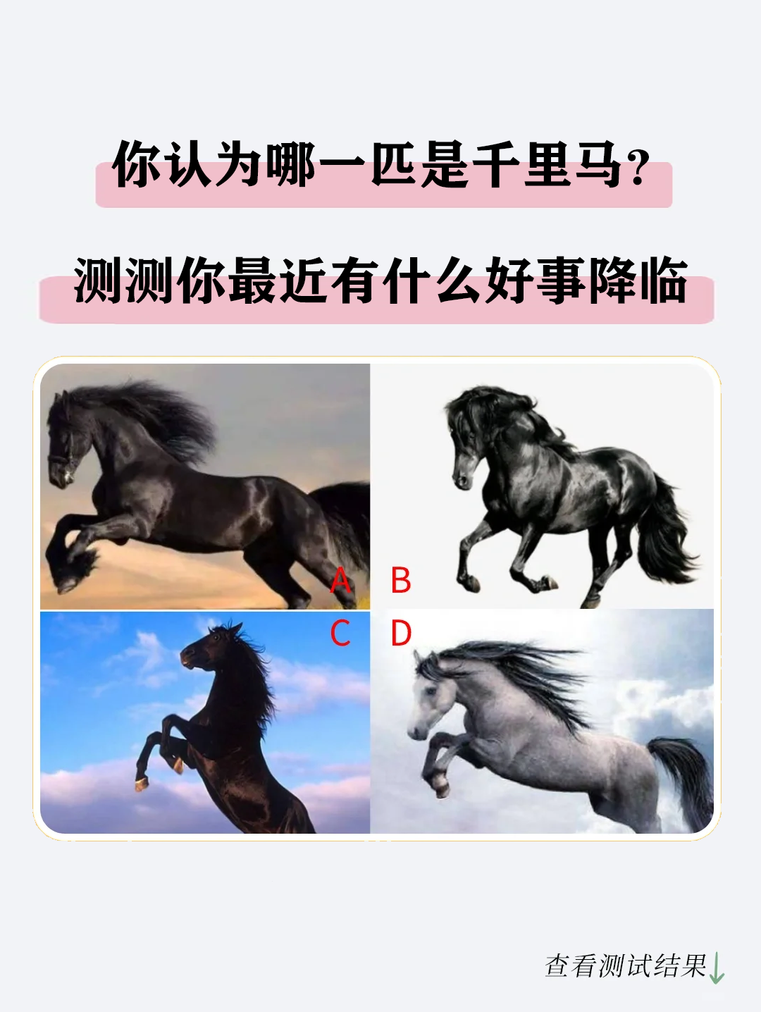 心理测试：你觉得哪个会是千里马？测一测，你有啥好运降临！